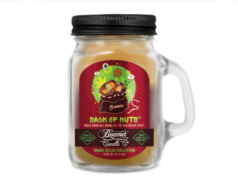 Smoke Killer illatgyertya üvegedényben, füllel és fém kupakkal – Sack of Nuts - kicsi